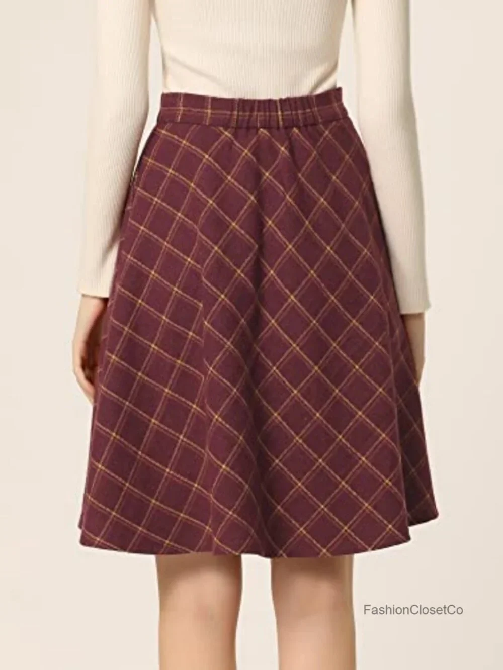 Vintage Plaid A-Line Skirt – Elastic Waist, Knee Length, Fully Lined